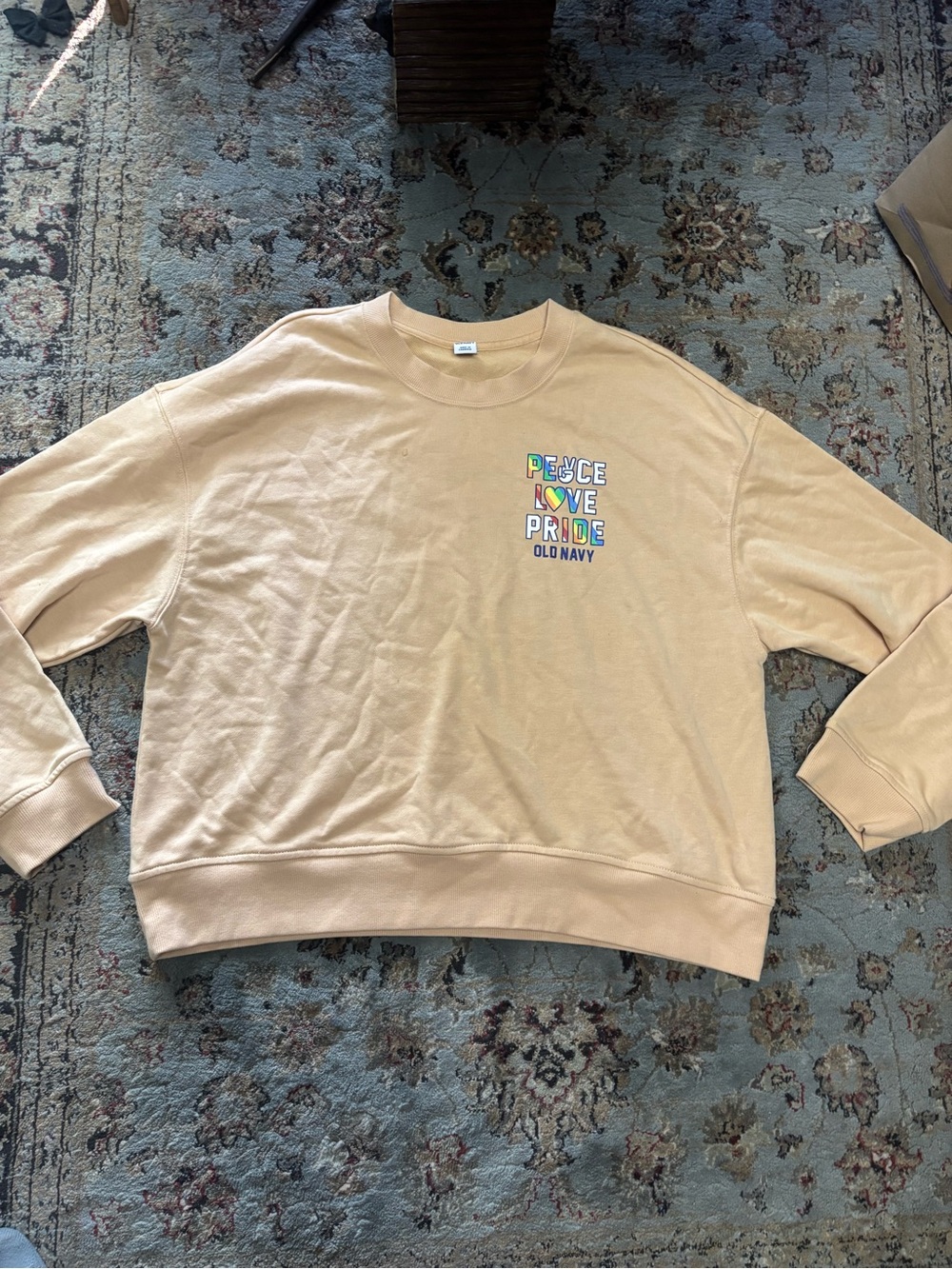 Old Navy Beige Crewneck Sweater with Colorful 'Peace Love Pride' Graphic